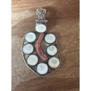 Vintage Sterling  Silver Pendant With Spiral Shell Inlays  Coral Accent Bohemian